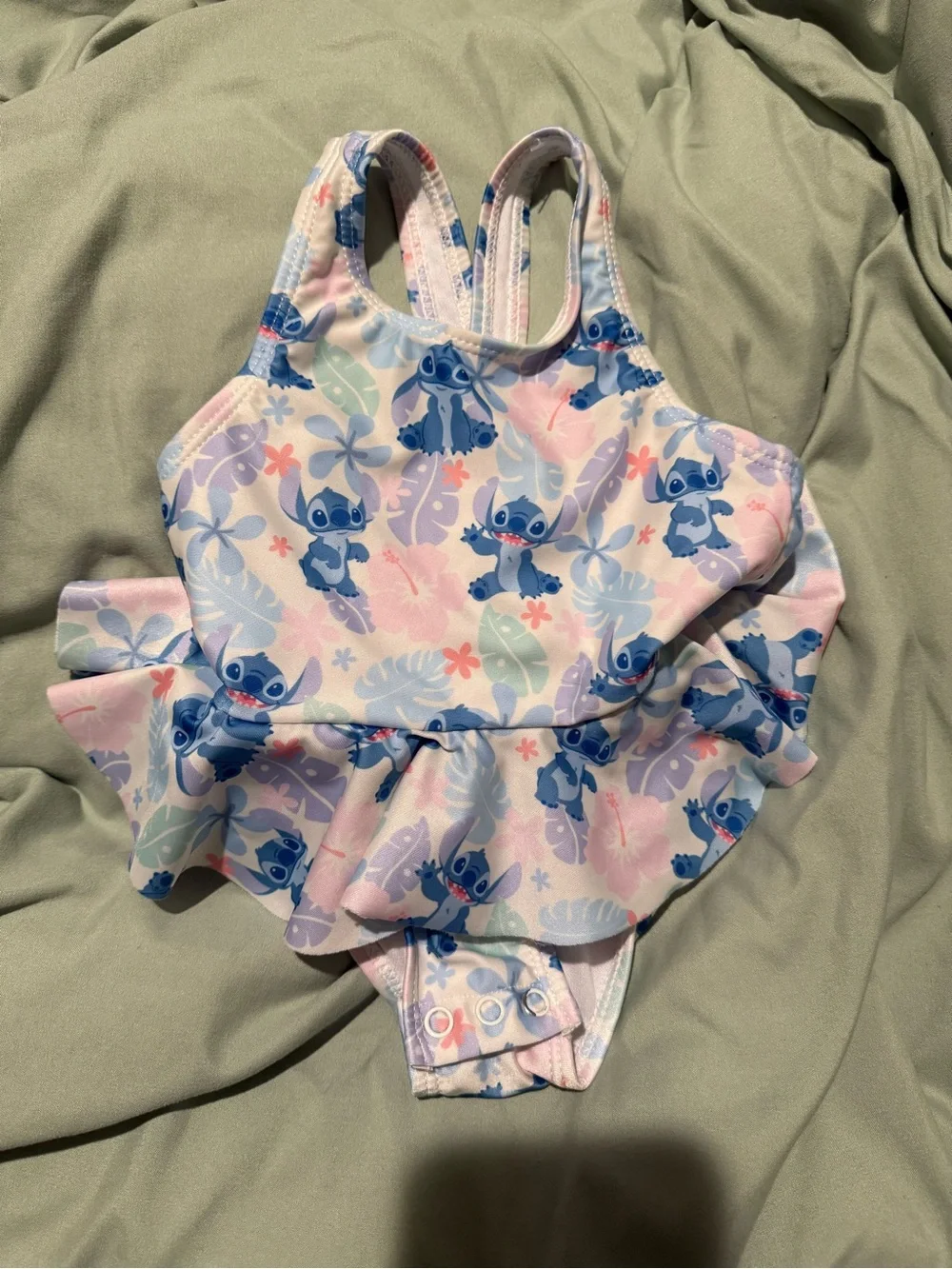 Stitch Print Pink & Blue Kids Swim One-Piece with Ruffle